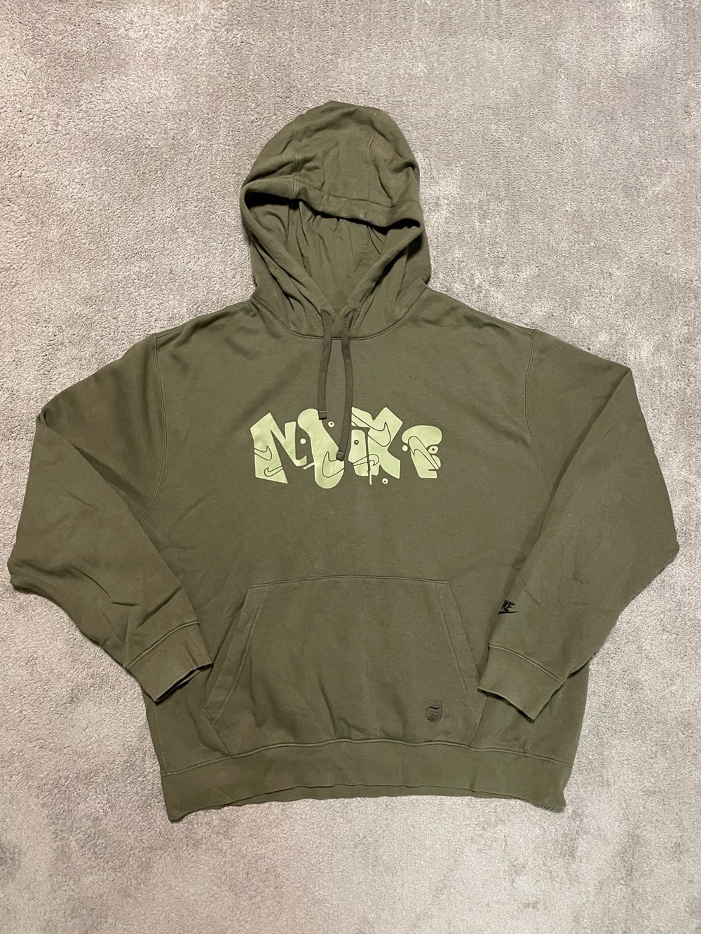 Nike Graffiti Script Hoodie Men’s XL Olive Green Bubble Logo  Streetwear